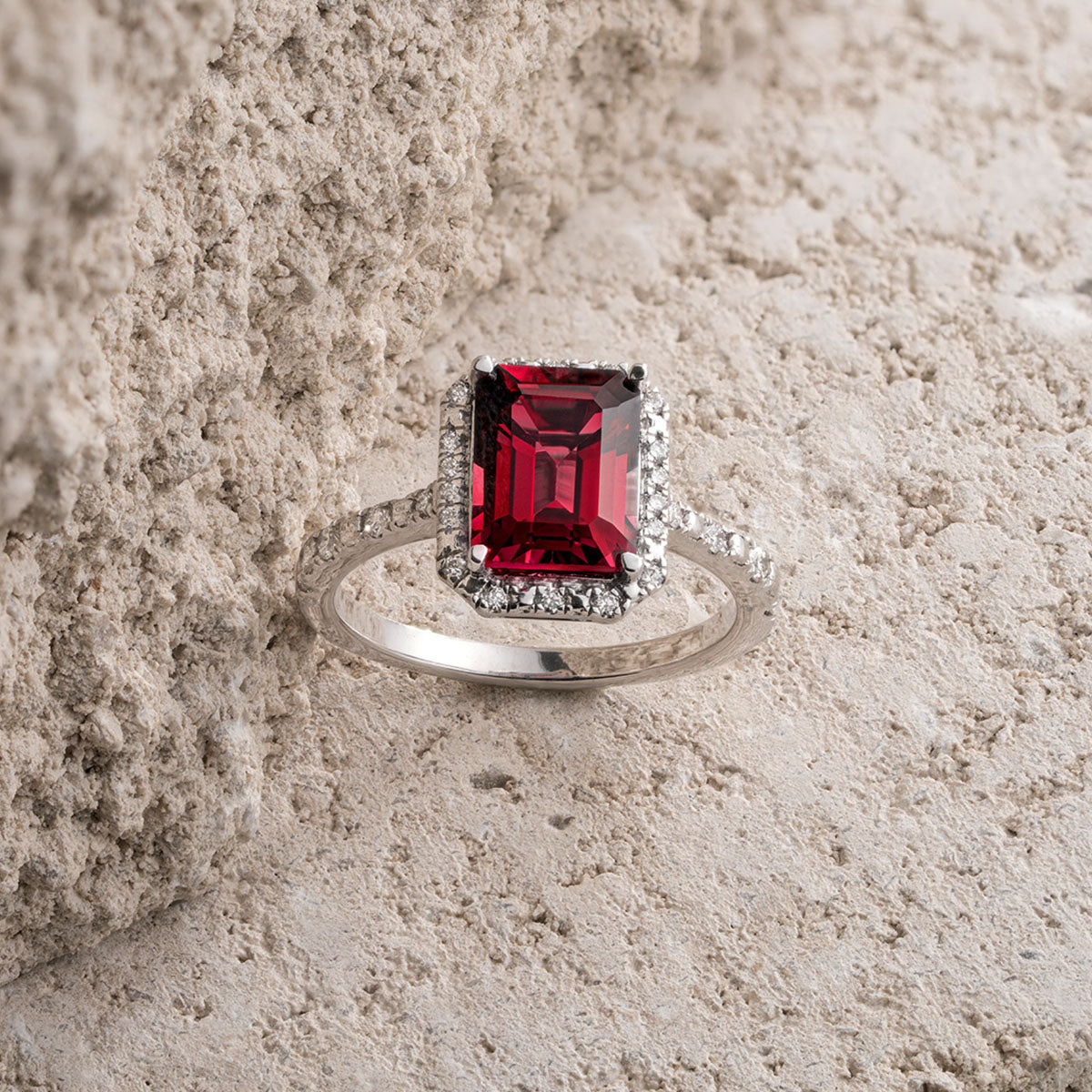 Astra 1.90ct Lab Ruby and Diamond Halo Shoulder Set Octagon Cut Ring in Silver